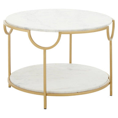 Two-Tier White Marble Top Side Table with Gold Finish Iron Frame
