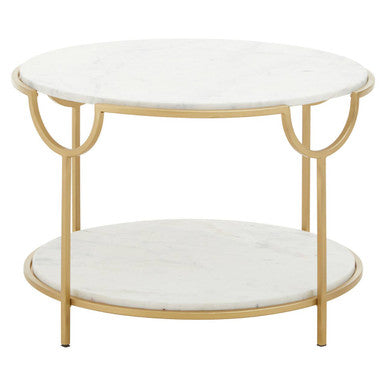 Two-Tier White Marble Top Side Table with Gold Finish Iron Frame