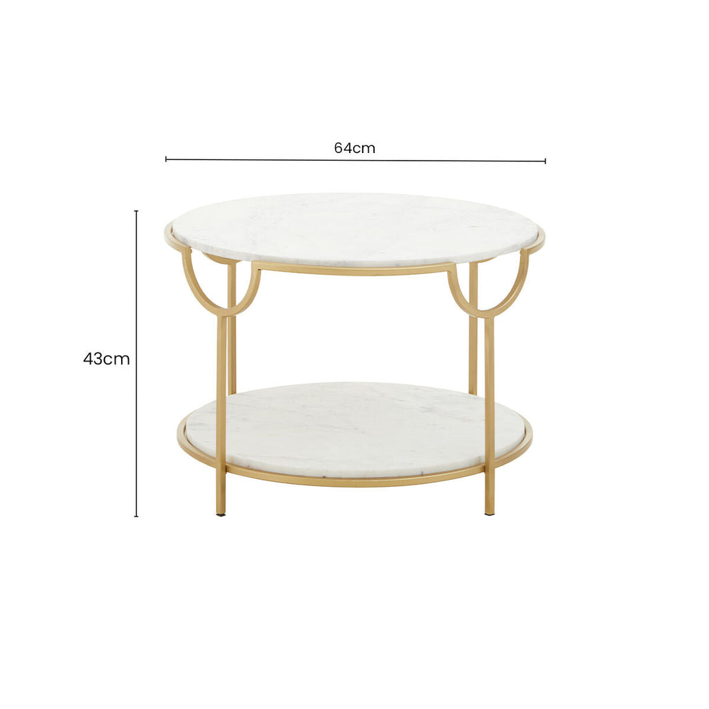 Two-Tier White Marble Top Side Table with Gold Finish Iron Frame
