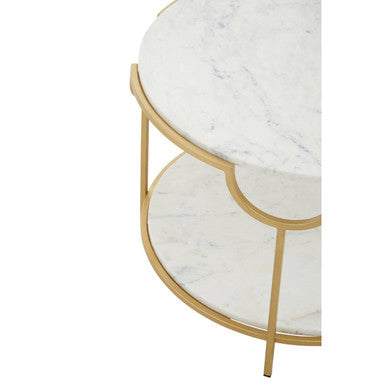 Two-Tier White Marble Top Side Table with Gold Finish Iron Frame