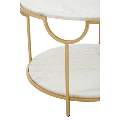 Two-Tier White Marble Top Side Table with Gold Finish Iron Frame