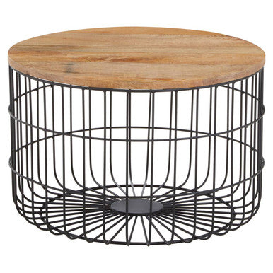 Natural Wood Top Side Table with Black Metal Cage Base
