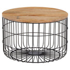 Natural Wood Top Side Table with Black Metal Cage Base