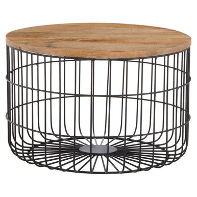 Natural Wood Top Side Table with Black Metal Cage Base