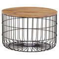 Natural Wood Top Side Table with Black Metal Cage Base