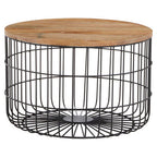 Natural Wood Top Side Table with Black Metal Cage Base