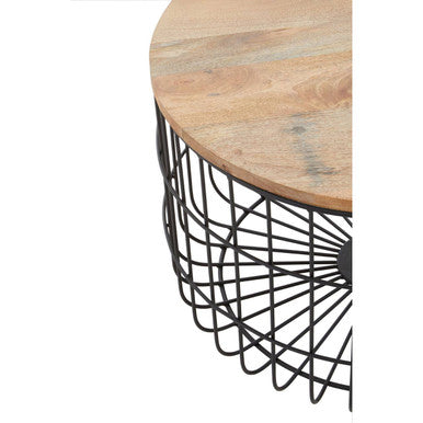 Natural Wood Top Side Table with Black Metal Cage Base