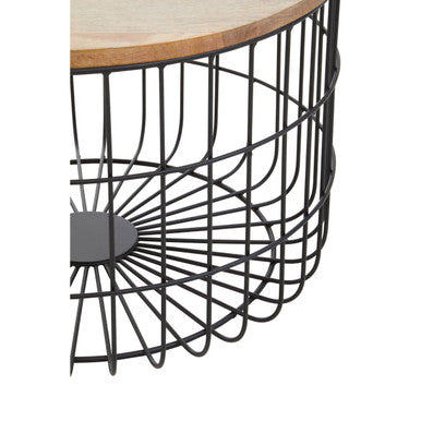 Natural Wood Top Side Table with Black Metal Cage Base