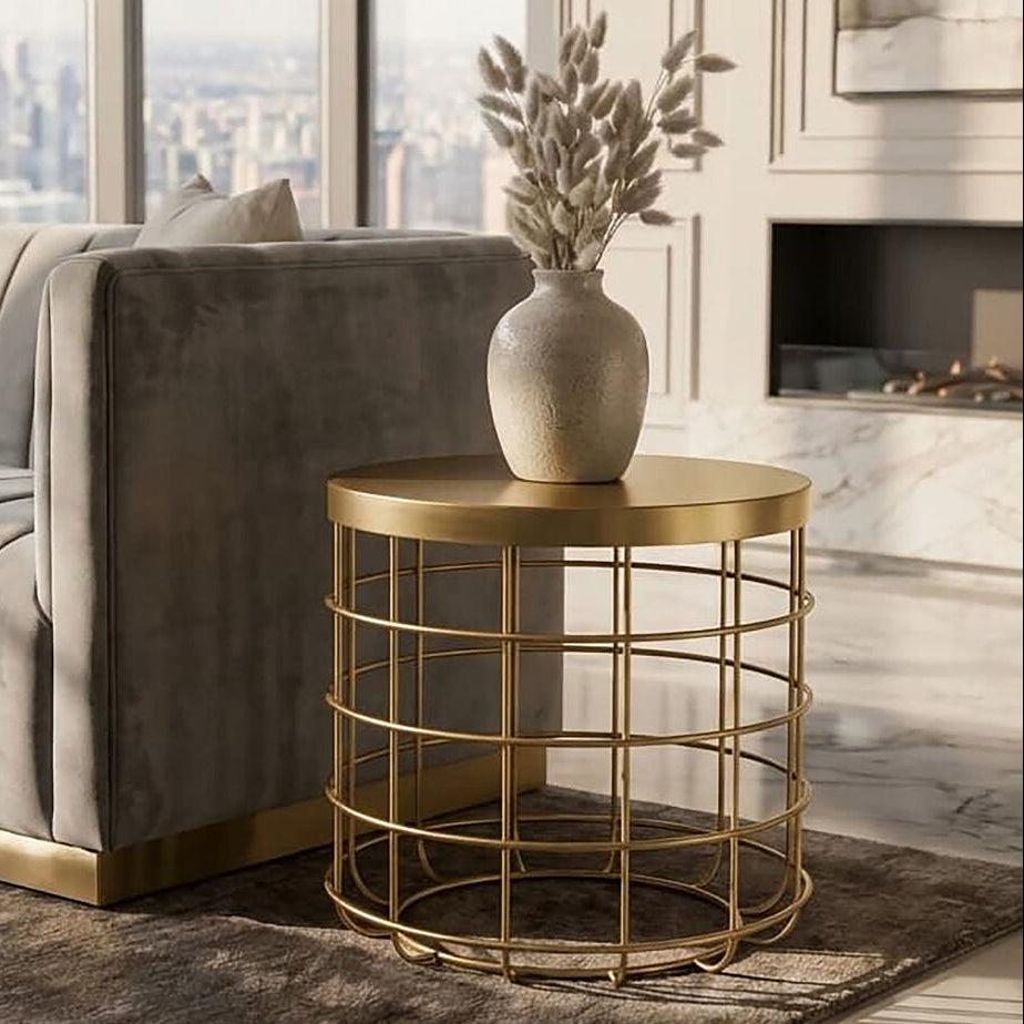 Gold Finish Iron Round Top Side Table with Caged Base