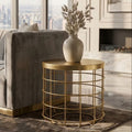 Gold Finish Iron Round Top Side Table with Caged Base