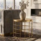 Gold Finish Iron Round Top Side Table with Caged Base