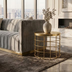 Gold Finish Iron Round Top Side Table with Caged Base