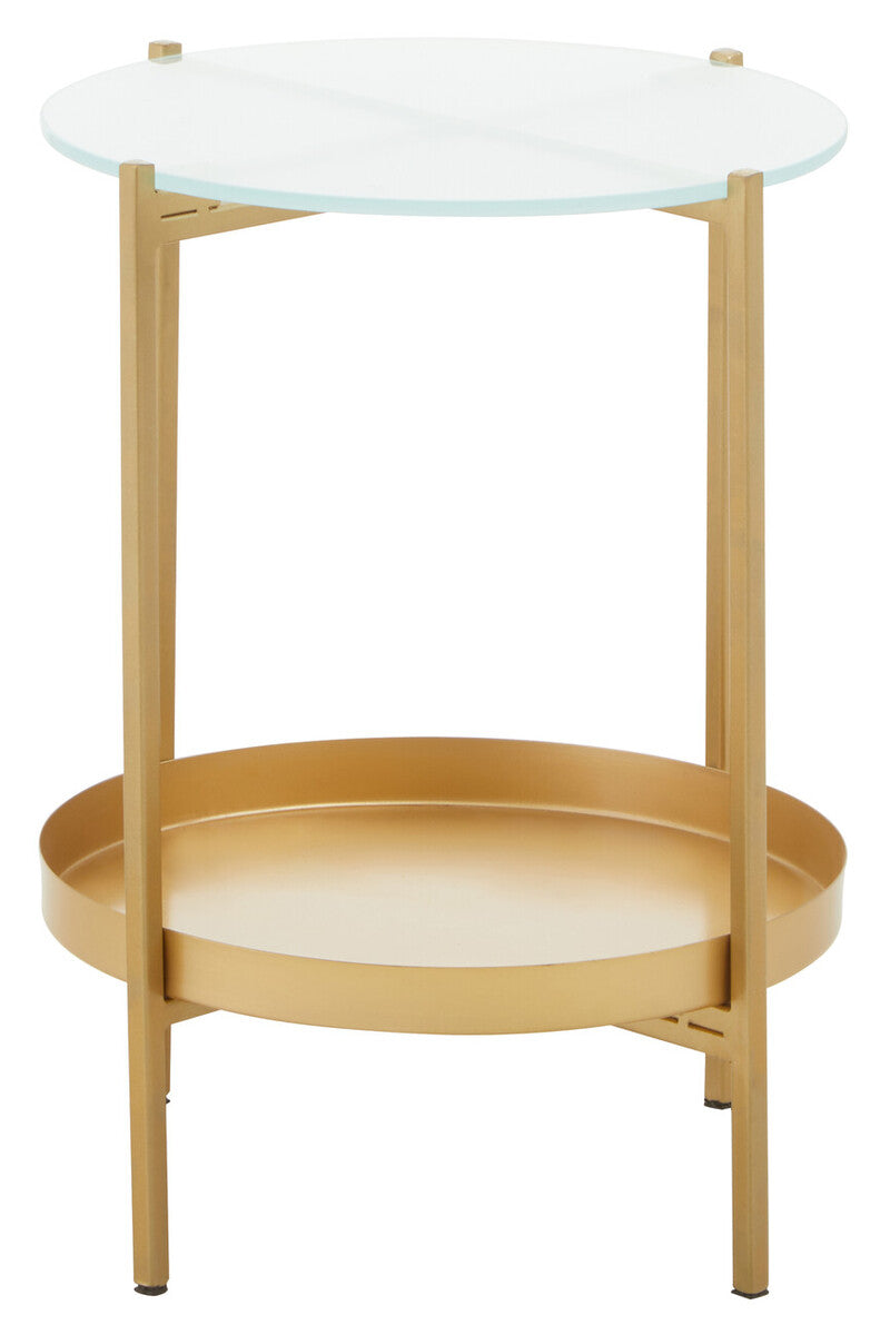 Gold Iron Two-Tier Side Table with Glass Top and Lower Shelf