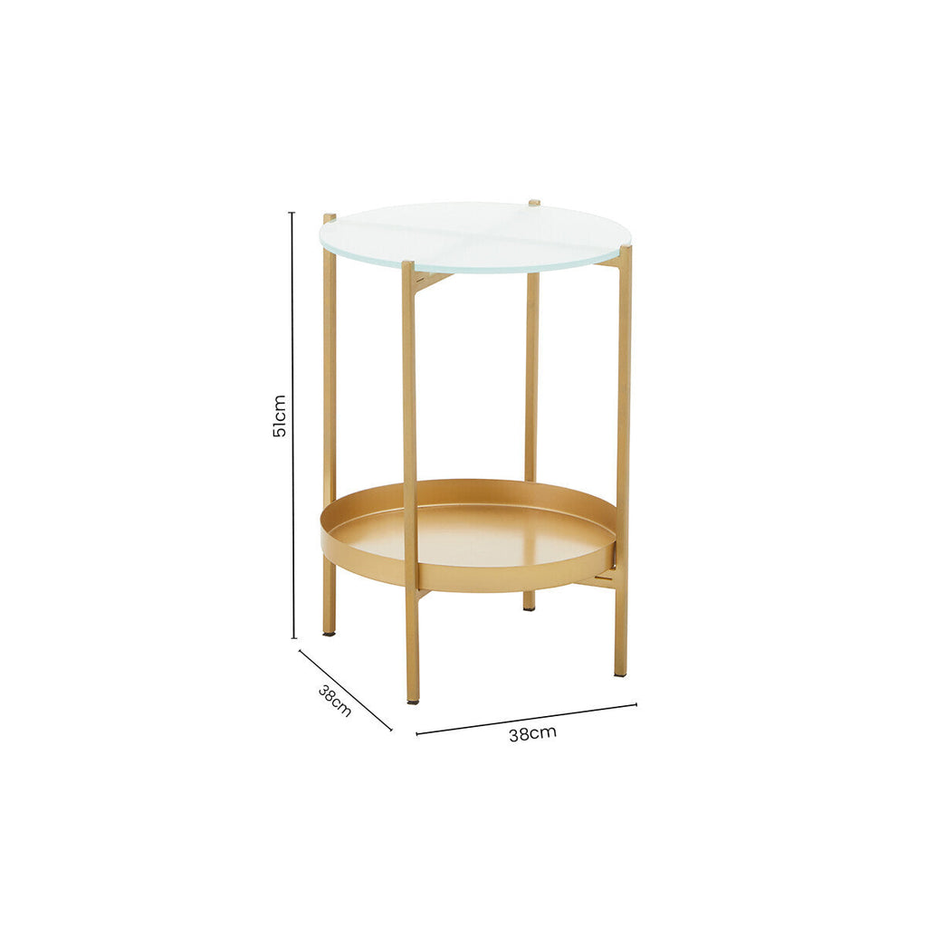 Gold Iron Two-Tier Side Table with Glass Top and Lower Shelf