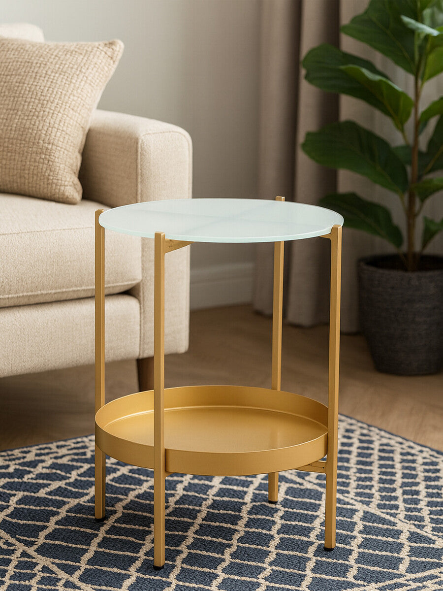 Gold Iron Two-Tier Side Table with Glass Top and Lower Shelf