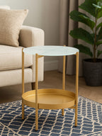 Gold Iron Two-Tier Side Table with Glass Top and Lower Shelf