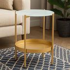 Gold Iron Two-Tier Side Table with Glass Top and Lower Shelf