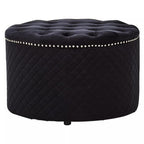 Round Black Velvet Ottoman with Button Tufting