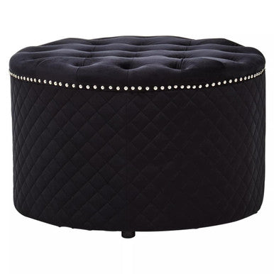 Round Black Velvet Ottoman with Button Tufting