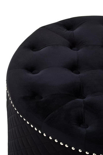 Round Black Velvet Ottoman with Button Tufting