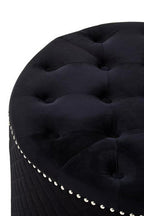 Round Black Velvet Ottoman with Button Tufting