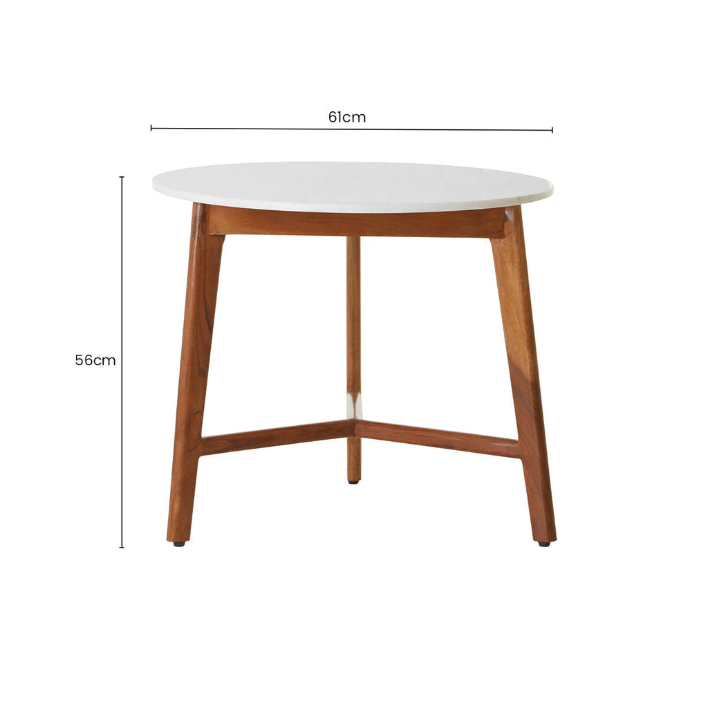 White Marble Top Round Side Table with Sustainable Acacia Wood Base