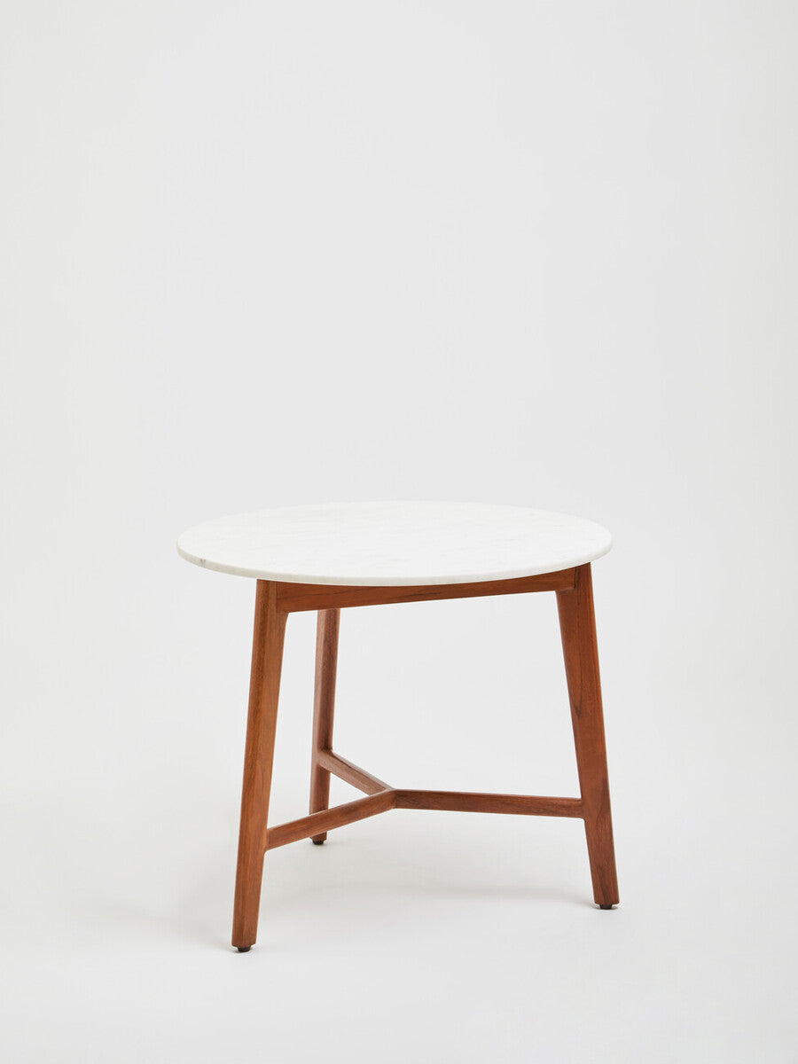 White Marble Top Round Side Table with Sustainable Acacia Wood Base