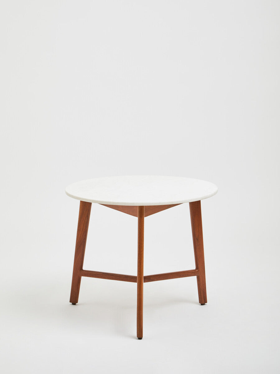White Marble Top Round Side Table with Sustainable Acacia Wood Base