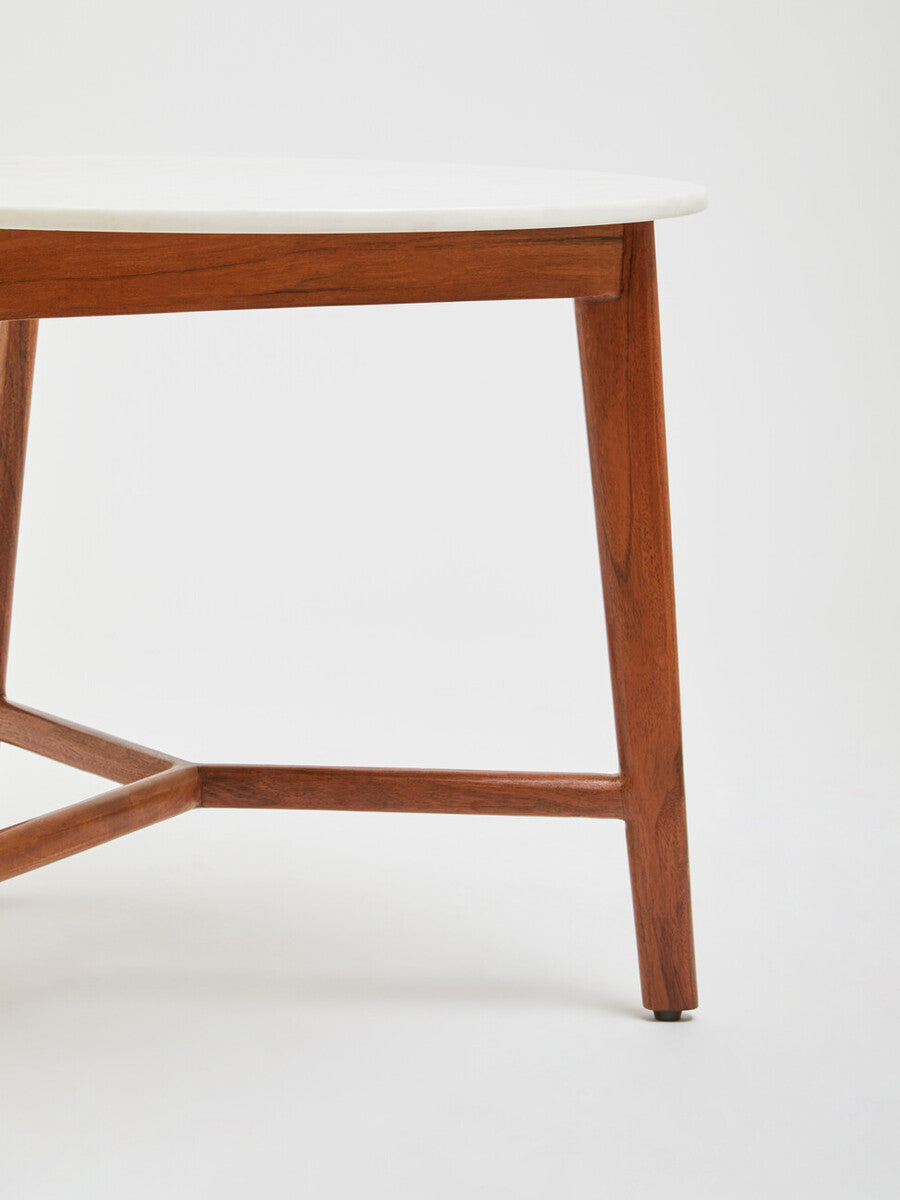 White Marble Top Round Side Table with Sustainable Acacia Wood Base