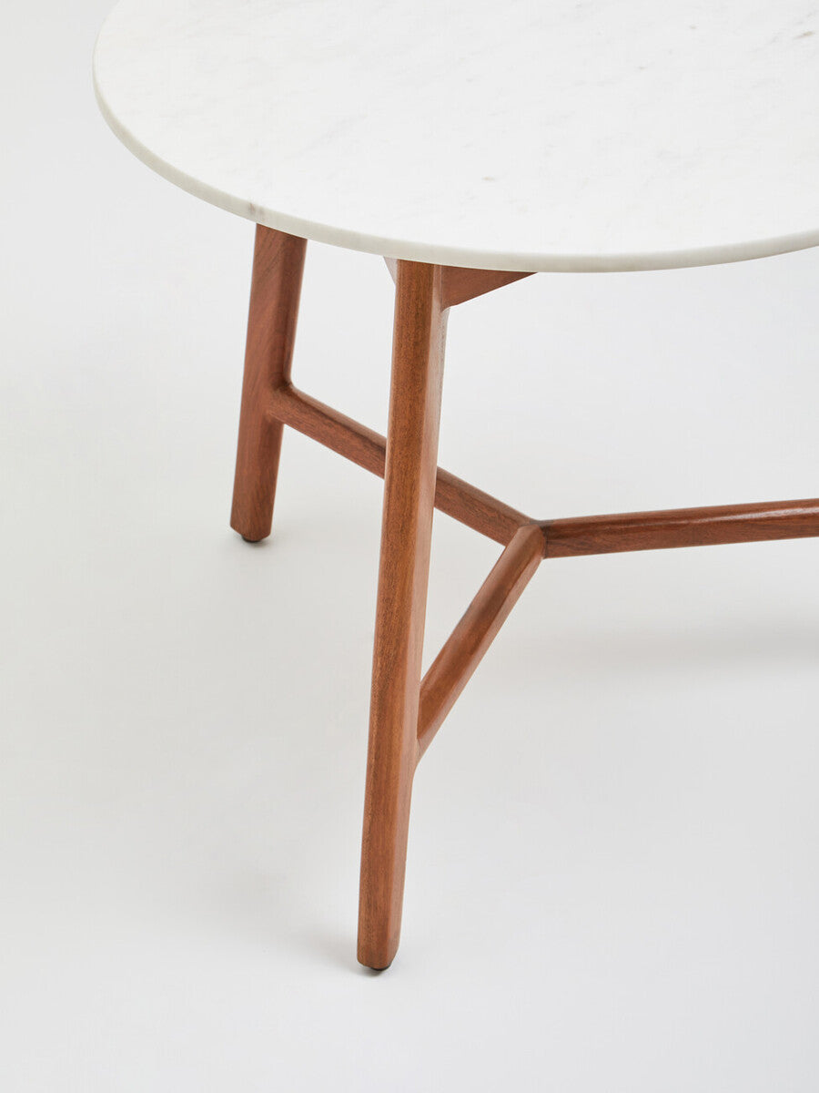 White Marble Top Round Side Table with Sustainable Acacia Wood Base