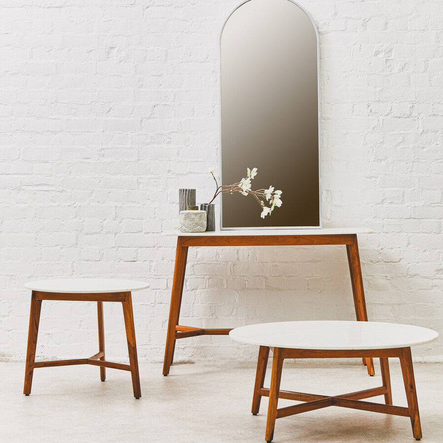 White Marble Top Round Side Table with Sustainable Acacia Wood Base