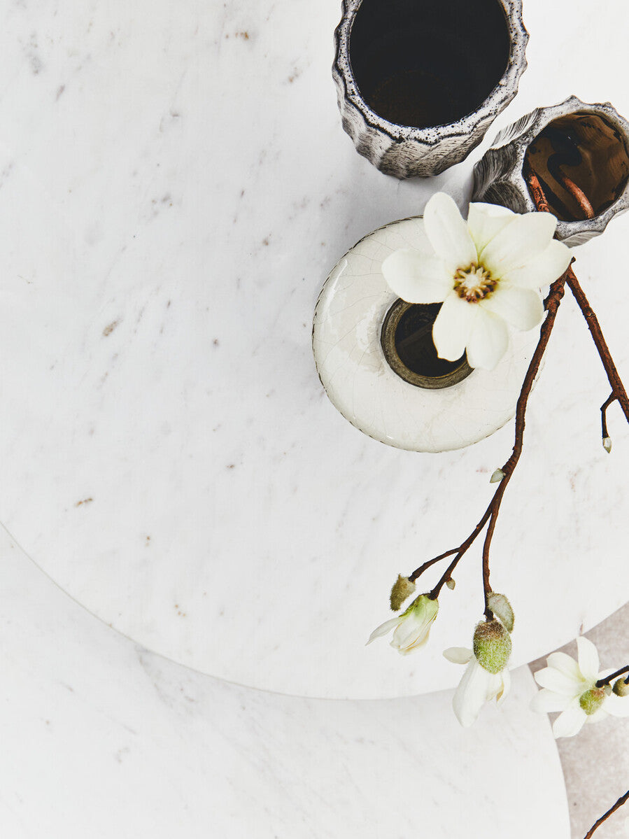 White Marble Top Round Side Table with Sustainable Acacia Wood Base