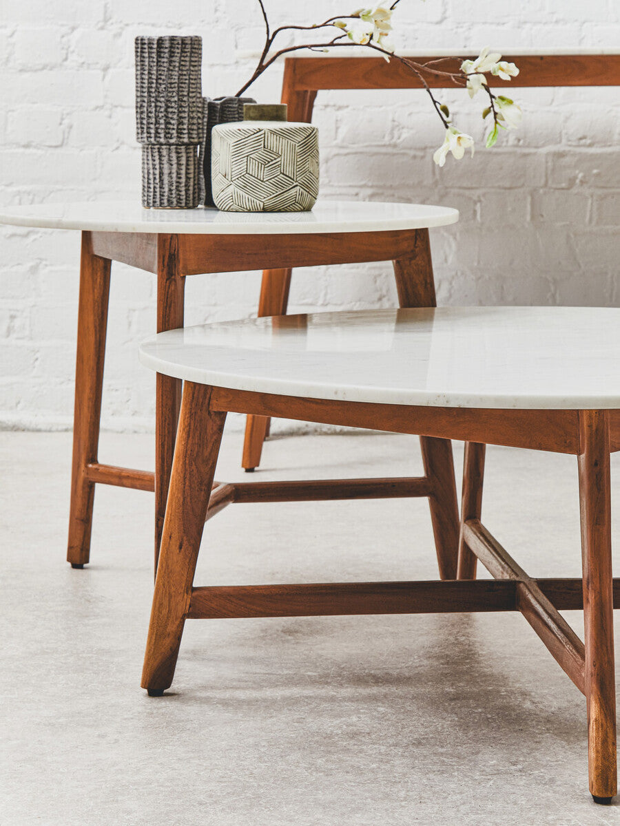 White Marble Top Round Side Table with Sustainable Acacia Wood Base