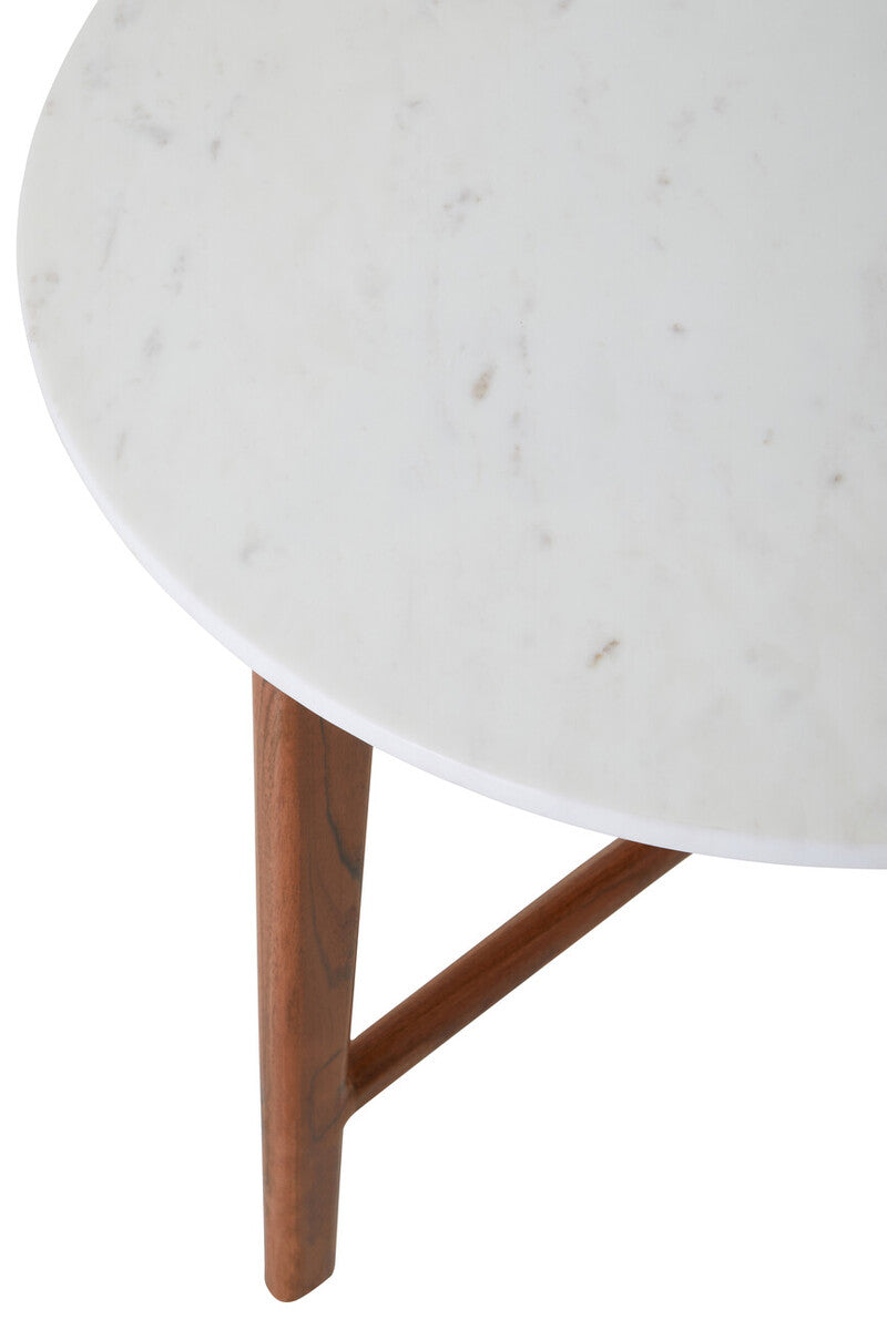 White Marble Top Round Side Table with Sustainable Acacia Wood Base