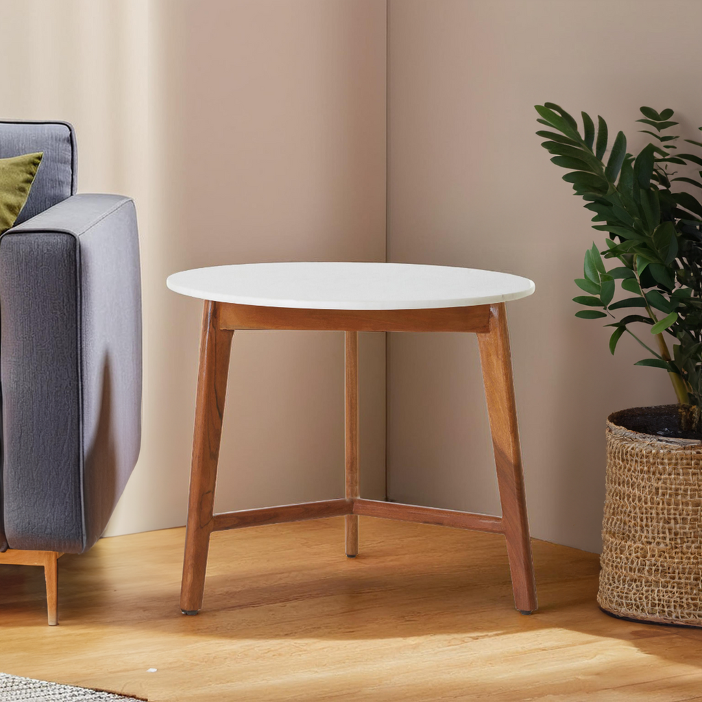 White Marble Top Round Side Table with Sustainable Acacia Wood Base