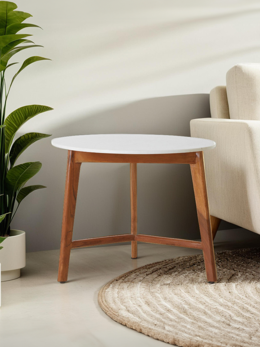 White Marble Top Round Side Table with Sustainable Acacia Wood Base