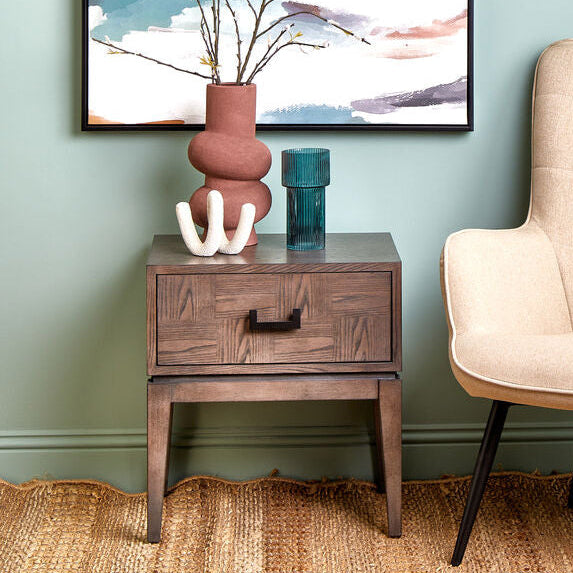 Antique Grey 1-Drawer Side Table with Wooden Legs and Black Metal Handle