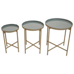 Set of 3 Grey Enamel Top Nesting Side Tables with Gold Finish X-Base Legs