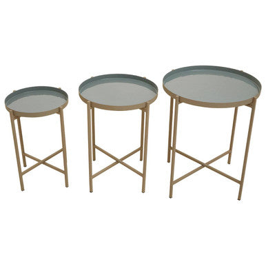 Set of 3 Grey Enamel Top Nesting Side Tables with Gold Finish X-Base Legs