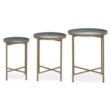 Set of 3 Grey Enamel Top Nesting Side Tables with Gold Finish X-Base Legs