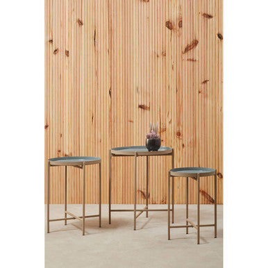 Set of 3 Grey Enamel Top Nesting Side Tables with Gold Finish X-Base Legs