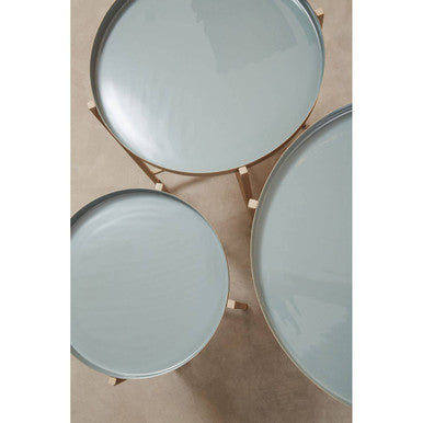 Set of 3 Grey Enamel Top Nesting Side Tables with Gold Finish X-Base Legs