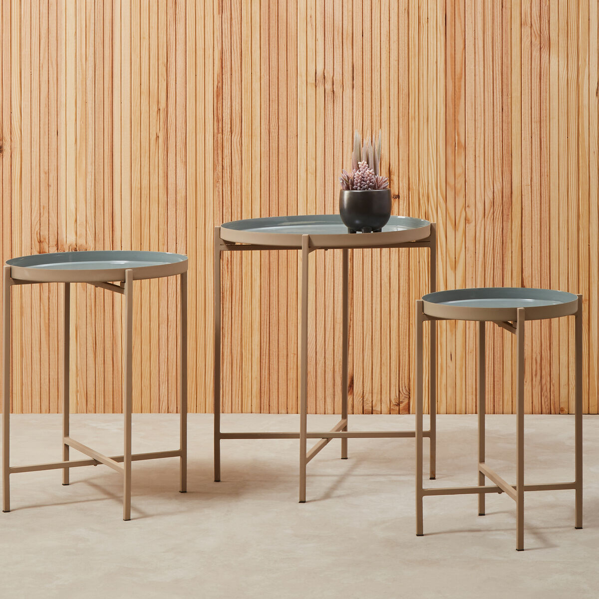 Set of 3 Grey Enamel Top Nesting Side Tables with Gold Finish X-Base Legs