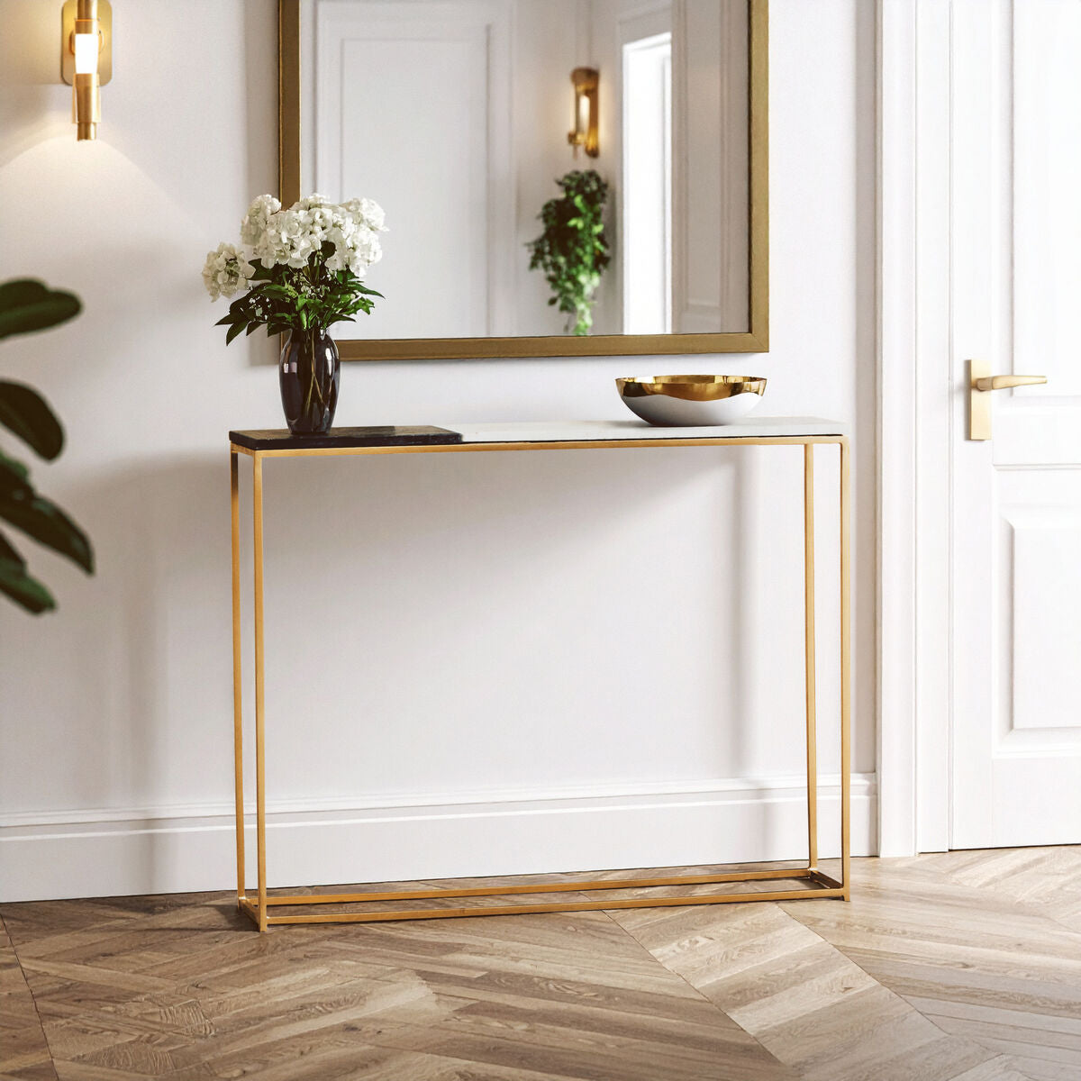 Black and White Marble Console Table with Gold Finish Frame