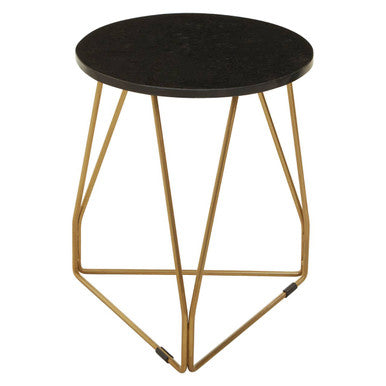 Black Marble Top Side Table with Gold Finish Geometric Sledge Base
