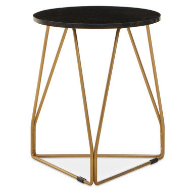 Black Marble Top Side Table with Gold Finish Geometric Sledge Base