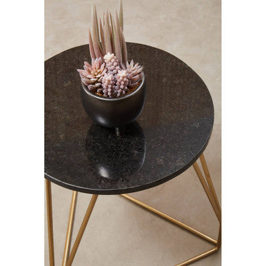 Black Marble Top Side Table with Gold Finish Geometric Sledge Base