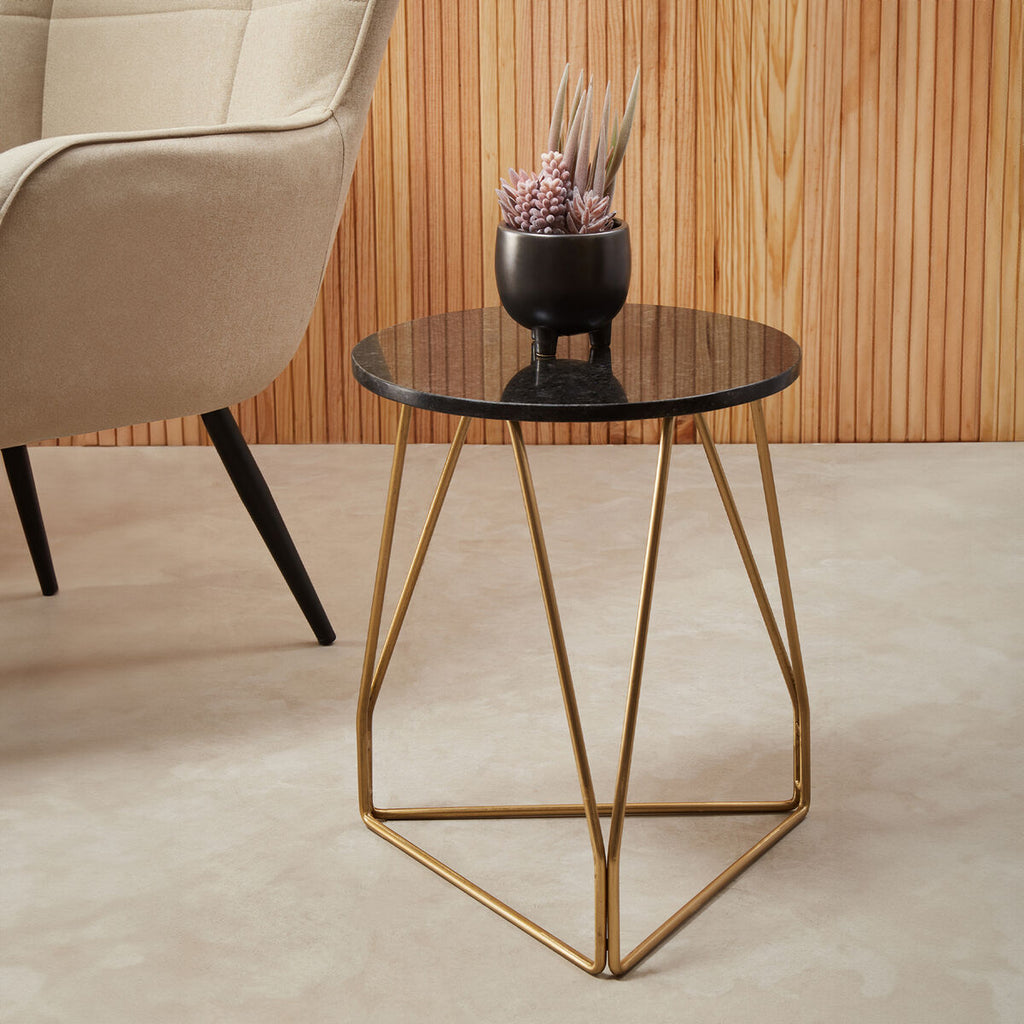 Black Marble Top Side Table with Gold Finish Geometric Sledge Base