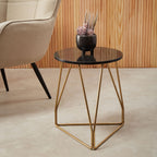 Black Marble Top Side Table with Gold Finish Geometric Sledge Base