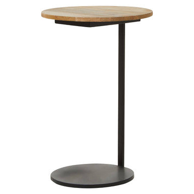 Natural Round Wooden Top C-Shaped Side Table Black Metal Base